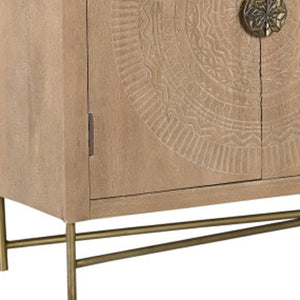 HomeRoots 95" Solid Wood Carved Geometric Sideboard in Antiqued Gold - Elegant Storage for Any Space! 521383