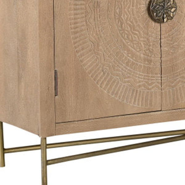HomeRoots 95" Solid Wood Carved Geometric Sideboard in Antiqued Gold - Elegant Storage for Any Space! 521383