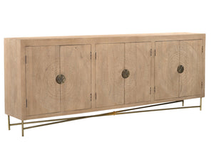 HomeRoots 95" Solid Wood Carved Geometric Sideboard in Antiqued Gold - Elegant Storage for Any Space! 521383