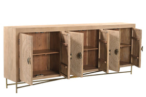HomeRoots 95" Solid Wood Carved Geometric Sideboard in Antiqued Gold - Elegant Storage for Any Space! 521383