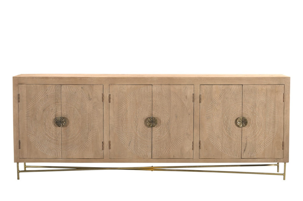 HomeRoots 95" Solid Wood Carved Geometric Sideboard in Antiqued Gold - Elegant Storage for Any Space! 521383