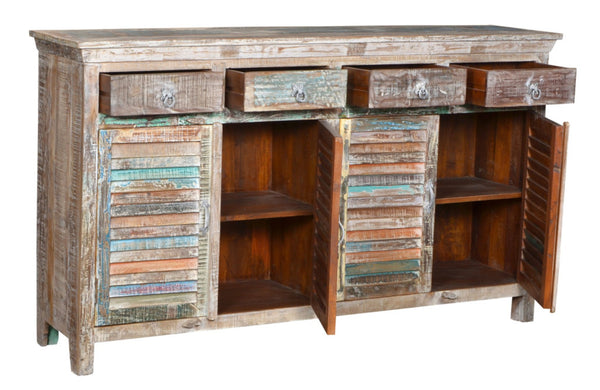 HomeRoots 72" Rustic Reclaimed Wood Sideboard with Colorful Shutter Doors – Stylish Storage for Any Room 521391