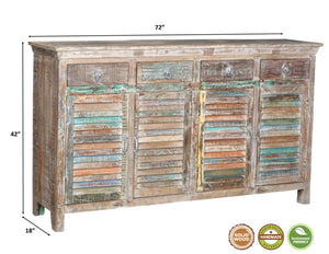 HomeRoots 72" Rustic Reclaimed Wood Sideboard with Colorful Shutter Doors – Stylish Storage for Any Room 521391