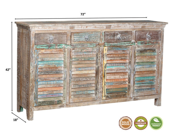HomeRoots 72" Rustic Reclaimed Wood Sideboard with Colorful Shutter Doors – Stylish Storage for Any Room 521391