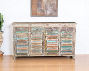 HomeRoots 72" Rustic Reclaimed Wood Sideboard with Colorful Shutter Doors – Stylish Storage for Any Room 521391