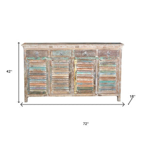HomeRoots 72" Rustic Reclaimed Wood Sideboard with Colorful Shutter Doors – Stylish Storage for Any Room 521391