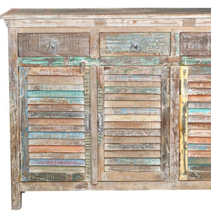 HomeRoots 72" Rustic Reclaimed Wood Sideboard with Colorful Shutter Doors – Stylish Storage for Any Room 521391