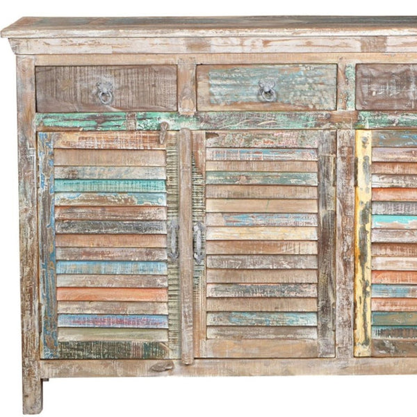 HomeRoots 72" Rustic Reclaimed Wood Sideboard with Colorful Shutter Doors – Stylish Storage for Any Room 521391