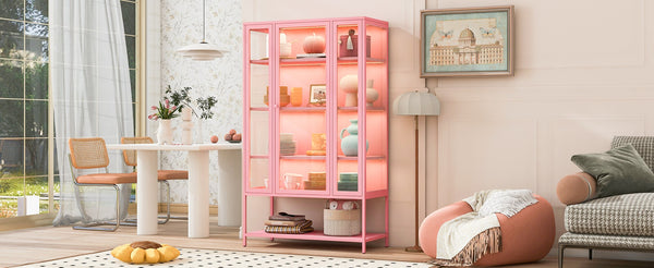 English Elm 67.25'' Tall Steel Curio Cabinet with Led Lighting and Tempered Glass Panels Pink SN845P263995P