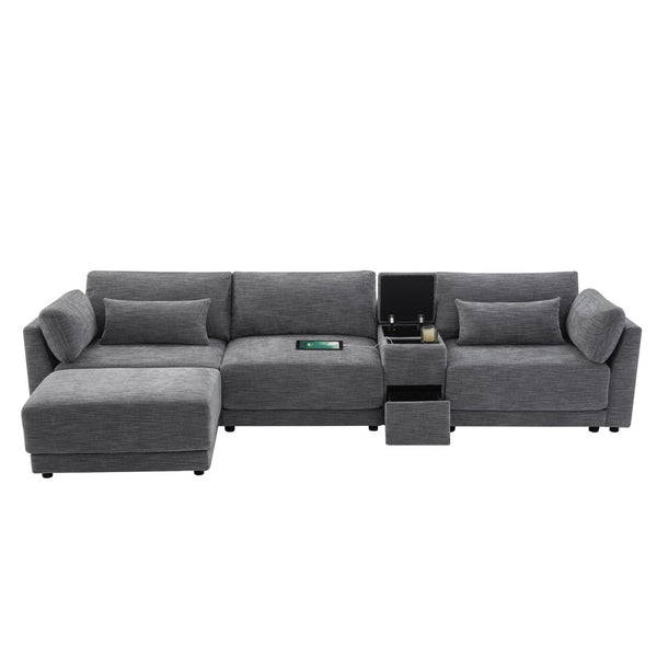 English Elm 124'' Modular Sectional Sofa: Reversible Chenille Couch With Storage, Ottoman & Usb Charger N723S9775E-GIGA
