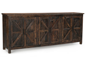 HomeRoots 84" Rustic Dark Brown Reclaimed Wood Sideboard with 6 Doors, Adjustable Shelving & Geometric Panels 521423