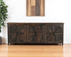 HomeRoots 84" Rustic Dark Brown Reclaimed Wood Sideboard with 6 Doors, Adjustable Shelving & Geometric Panels 521423