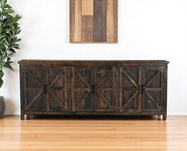 HomeRoots 84" Rustic Dark Brown Reclaimed Wood Sideboard with 6 Doors, Adjustable Shelving & Geometric Panels 521423