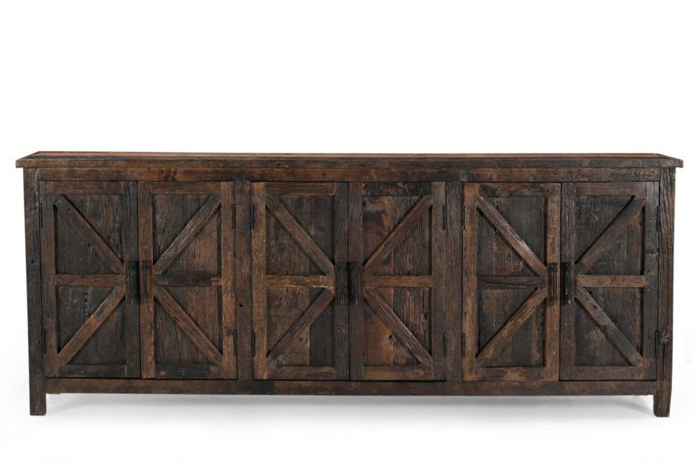 HomeRoots 84" Rustic Dark Brown Reclaimed Wood Sideboard with 6 Doors, Adjustable Shelving & Geometric Panels 521423