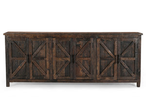 HomeRoots 84" Rustic Dark Brown Reclaimed Wood Sideboard with 6 Doors, Adjustable Shelving & Geometric Panels 521423