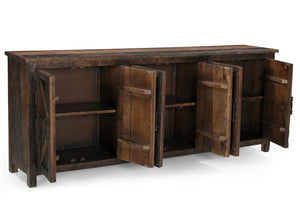 HomeRoots 84" Rustic Dark Brown Reclaimed Wood Sideboard with 6 Doors, Adjustable Shelving & Geometric Panels 521423