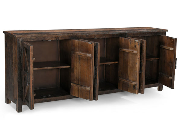HomeRoots 84" Rustic Dark Brown Reclaimed Wood Sideboard with 6 Doors, Adjustable Shelving & Geometric Panels 521423