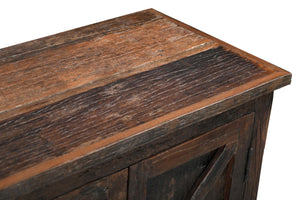 HomeRoots 84" Rustic Dark Brown Reclaimed Wood Sideboard with 6 Doors, Adjustable Shelving & Geometric Panels 521423