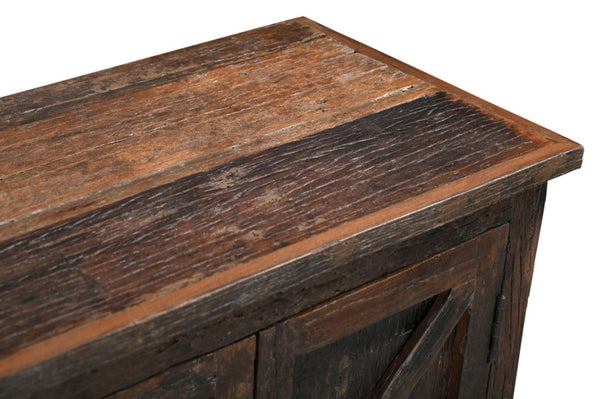 HomeRoots 84" Rustic Dark Brown Reclaimed Wood Sideboard with 6 Doors, Adjustable Shelving & Geometric Panels 521423