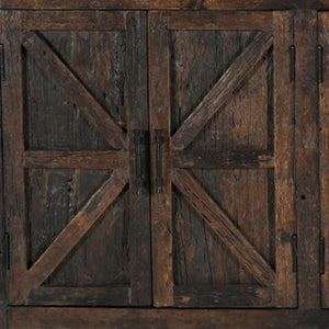 HomeRoots 84" Rustic Dark Brown Reclaimed Wood Sideboard with 6 Doors, Adjustable Shelving & Geometric Panels 521423