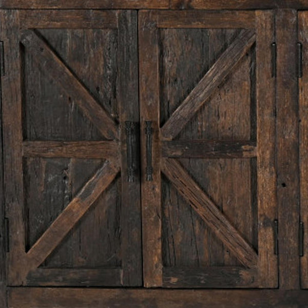 HomeRoots 84" Rustic Dark Brown Reclaimed Wood Sideboard with 6 Doors, Adjustable Shelving & Geometric Panels 521423