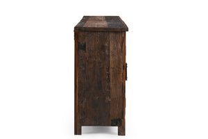 HomeRoots 84" Rustic Dark Brown Reclaimed Wood Sideboard with 6 Doors, Adjustable Shelving & Geometric Panels 521423