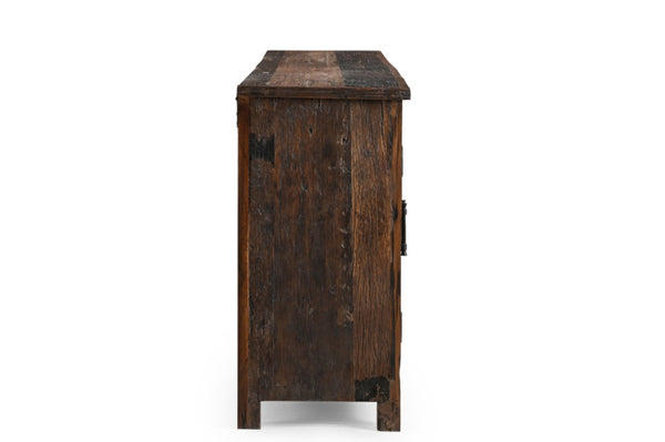 HomeRoots 84" Rustic Dark Brown Reclaimed Wood Sideboard with 6 Doors, Adjustable Shelving & Geometric Panels 521423