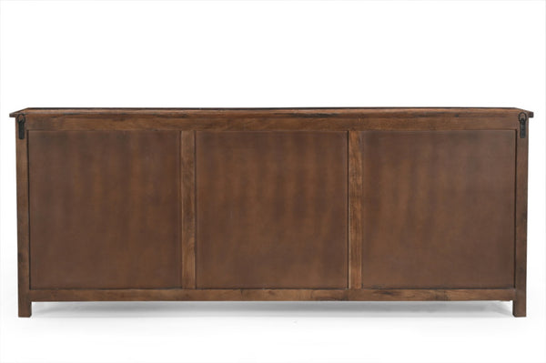 HomeRoots 84" Rustic Dark Brown Reclaimed Wood Sideboard with 6 Doors, Adjustable Shelving & Geometric Panels 521423