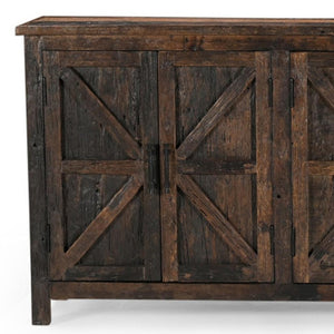 HomeRoots 84" Rustic Dark Brown Reclaimed Wood Sideboard with 6 Doors, Adjustable Shelving & Geometric Panels 521423