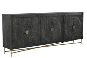 HomeRoots 95" Black Distressed Solid Wood Sideboard – Handcrafted Geometric Design with Ample Storage & Style 521424
