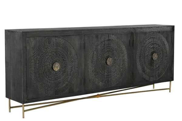HomeRoots 95" Black Distressed Solid Wood Sideboard – Handcrafted Geometric Design with Ample Storage & Style 521424