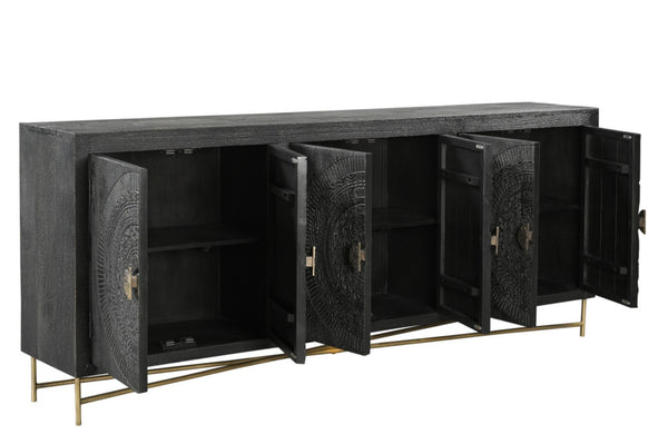 HomeRoots 95" Black Distressed Solid Wood Sideboard – Handcrafted Geometric Design with Ample Storage & Style 521424