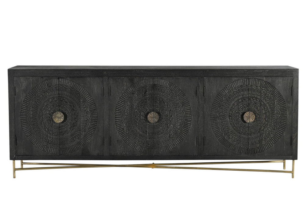 HomeRoots 95" Black Distressed Solid Wood Sideboard – Handcrafted Geometric Design with Ample Storage & Style 521424
