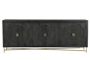 HomeRoots 95" Black Distressed Solid Wood Sideboard – Handcrafted Geometric Design with Ample Storage & Style 521424