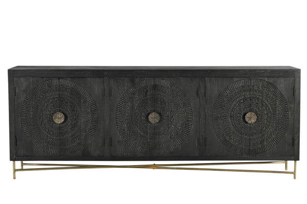 HomeRoots 95" Black Distressed Solid Wood Sideboard – Handcrafted Geometric Design with Ample Storage & Style 521424