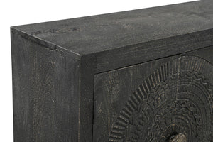 HomeRoots 95" Black Distressed Solid Wood Sideboard – Handcrafted Geometric Design with Ample Storage & Style 521424