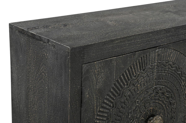 HomeRoots 95" Black Distressed Solid Wood Sideboard – Handcrafted Geometric Design with Ample Storage & Style 521424