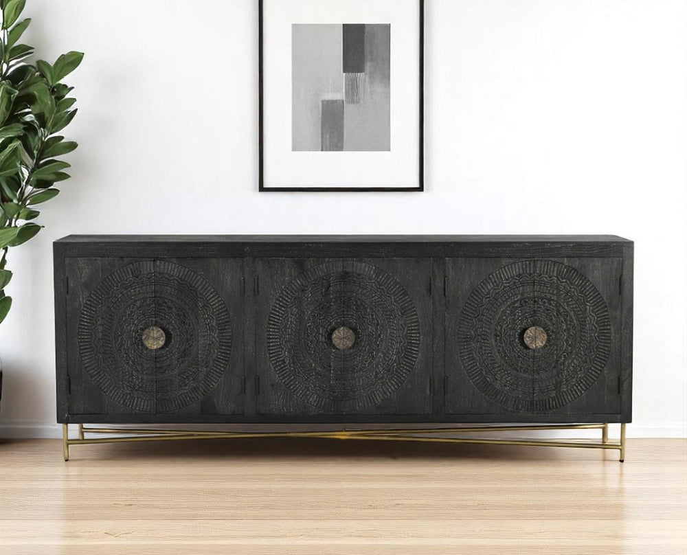 HomeRoots 95" Black Distressed Solid Wood Sideboard – Handcrafted Geometric Design with Ample Storage & Style 521424