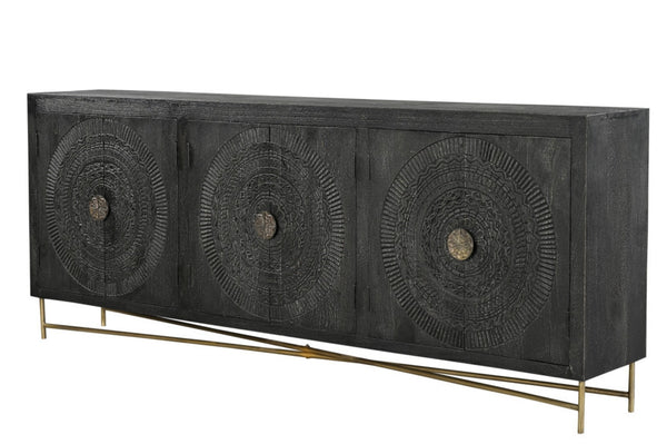 HomeRoots 95" Black Distressed Solid Wood Sideboard – Handcrafted Geometric Design with Ample Storage & Style 521424