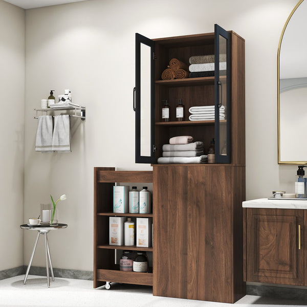 English Elm 70.87" Modern Display Storage Cabinet with 4-Tier Pull-Out Shelves, Dual Glass Doors for Home Walnut W331P295246