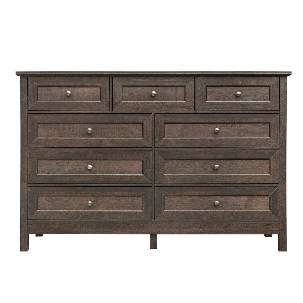English Elm Wood Rustic Storage Dresser with 9 Drawers, Silver Handles and X Side Accents for Stylish Storage Brown N709P288888D