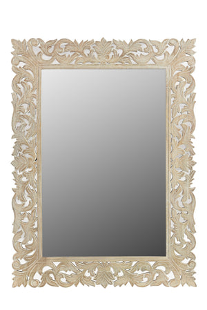 HomeRoots 47" Antiqued White Carved Scrollwork Mirror - Rustic Mango Wood Accent for Home Décor & Elegance 521566