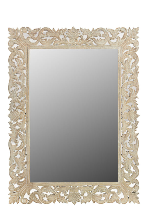 HomeRoots 47" Antiqued White Carved Scrollwork Mirror - Rustic Mango Wood Accent for Home Décor & Elegance 521566