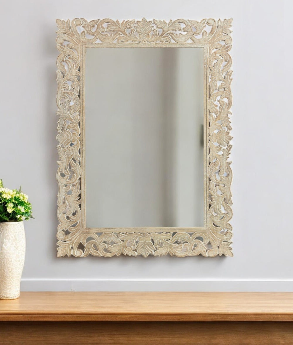 Homeroots 47" Antiqued White Solid Wood Carved Scrollwork Accent Mirror  Wood 521566