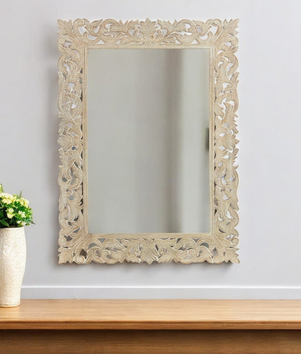 HomeRoots 47" Antiqued White Carved Scrollwork Mirror - Rustic Mango Wood Accent for Home Décor & Elegance 521566