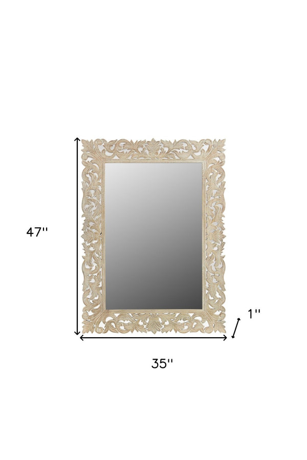 HomeRoots 47" Antiqued White Carved Scrollwork Mirror - Rustic Mango Wood Accent for Home Décor & Elegance 521566
