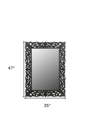 HomeRoots 47" Black Floral Carved Accent Mirror - Handcrafted Solid Wood Frame for Rustic Elegance & Charm 521567