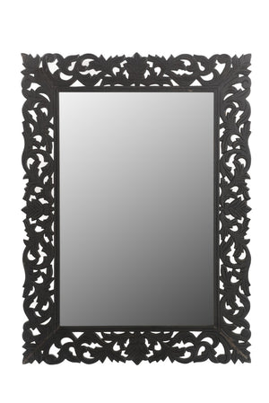 HomeRoots 47" Black Floral Carved Accent Mirror - Handcrafted Solid Wood Frame for Rustic Elegance & Charm 521567
