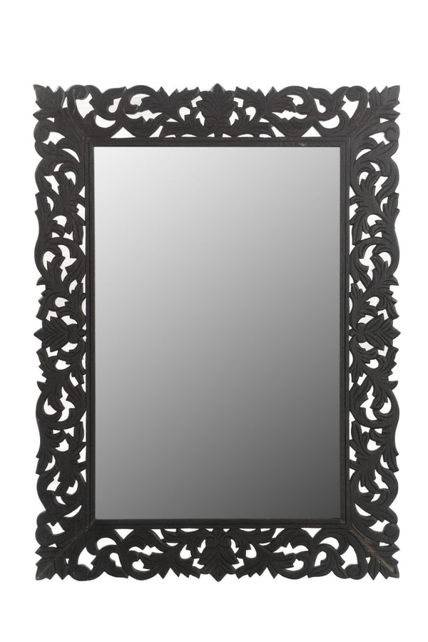 HomeRoots 47" Black Floral Carved Accent Mirror - Handcrafted Solid Wood Frame for Rustic Elegance & Charm 521567
