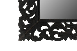 HomeRoots 47" Black Floral Carved Accent Mirror - Handcrafted Solid Wood Frame for Rustic Elegance & Charm 521567